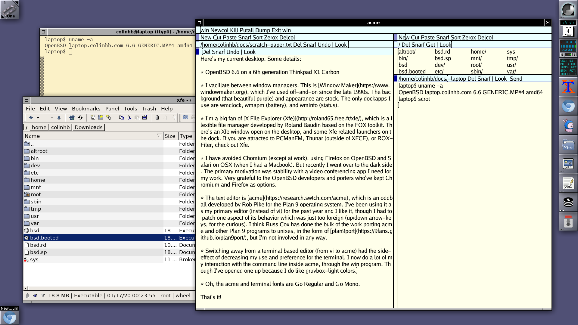 OpenBSD on X1 Carbon with Window Maker and ACME editor by colinhb